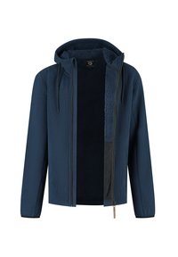 Navy blauwe hoodiejack met volledige rits aan de voorkant, fleece voering, elastische manchetten en koordjes aan de capuchon.