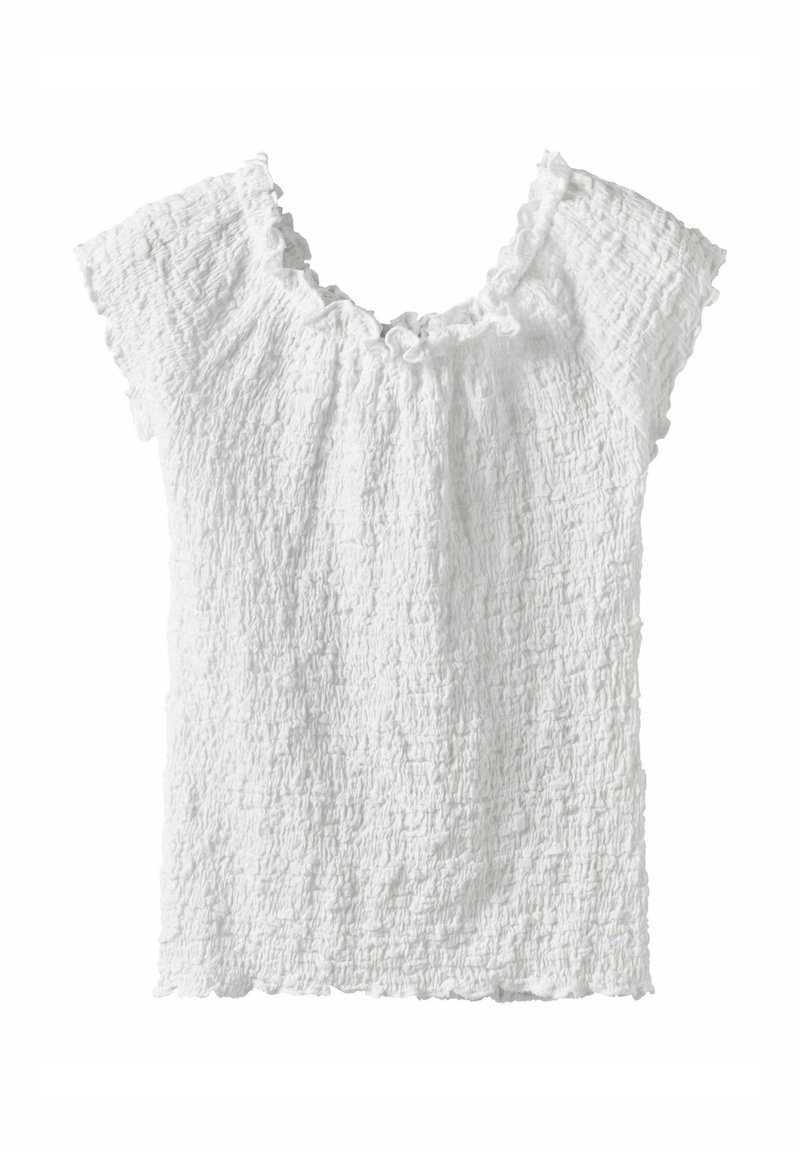 Haut blanc texturé avec un col volanté et des manches courtes. Il présente un tissu froissé avec un ourlet droit pour un ajustement décontracté.