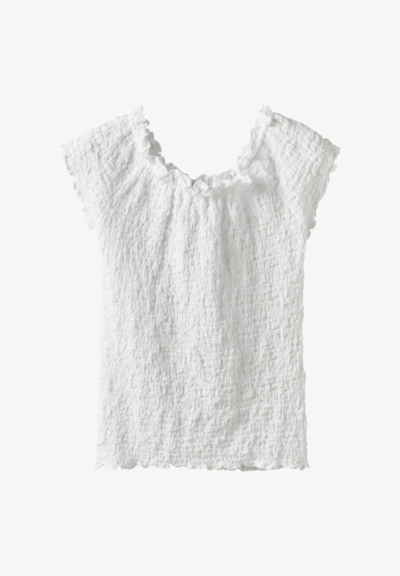 Bijela, teksturirana majica s volanima na izrezu i kratkim rukavima. Ima naboranu tkaninu s ravnim rubom za opušteni kroj.