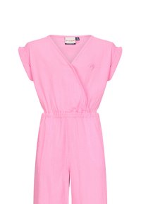 Rosa Wickel-Jumpsuit mit kurzen Ärmeln, elastischem Taillenbund und strukturiertem Stoff. Besitzt einen V-Ausschnitt und ein kleines Logo-Detail auf der Brust.