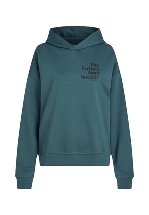 Felpa color teal con tasca a marsupio, polsini e orlo a costine. Presenta un logo stampato, "The Future Surf Society," sulla parte anteriore. Materiale in misto cotone.