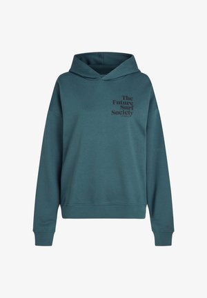 Teal hoodie met een kangoeroezak, ribgebreide manchetten en zoom. Voorzien van een bedrukte logo, "The Future Surf Society," op de voorkant. Gemaakt van een katoenmix.