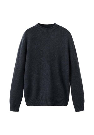 Ciemnogranatowy, dziergany sweter z okrągłym dekoltem, długimi rękawami i ściągaczem u dołu. Tkanina wydaje się miękka i strukturalna, prezentując klasyczny fason.