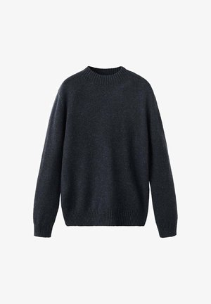 Pulover tricotat bleumarin închis cu decolteu rotund, mâneci lungi și tiv din reiat. Țesătura pare moale și texturată, evidențiind un design clasic.