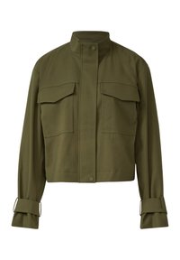 Olivgrüne, cropped Jacke mit hohem Kragen, vorderen Druckknöpfen, zwei großen Klappentaschen auf der Brust und verstellbaren Handgelenkriemen.