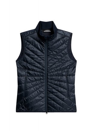 Marineblauwe geïsoleerde gilet met hoge kraag, gestikt patroon, voorzijde met rits en twee ritszakken. Glad, glanzend stofafwerking.
