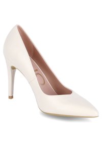 Escarpin blanc en cuir à talon haut avec bout pointu et intérieur beige, présenté sous un angle de trois quarts sur fond blanc.