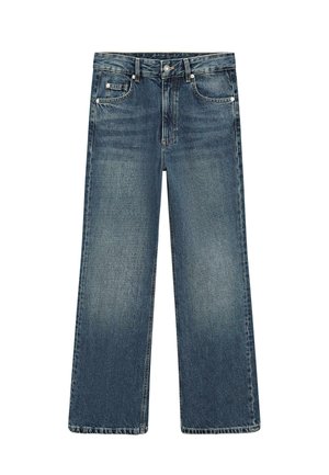 Blaue Jeans mit weitem Bein, vorne und hinten Taschen, Knopfverschluss und verblasste Details an Oberschenkeln und Knien.