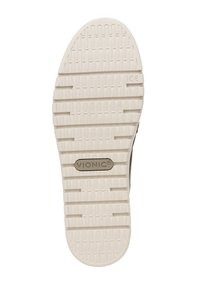 Vionic schoen zool in beige rubber met gestructureerde griplijnen, voorzien van een centrale logo badge en een ronde teen vorm.