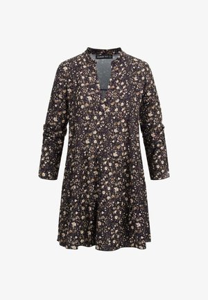 Tumesinavast lillemustriga A-line kleit, millel on v-kaelus ja 3/4 varrukad, kerge kangaga.