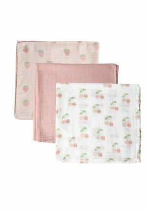 Drie gevouwen mousselinetdoeken in lichtroze, effen roze en wit met roze kersenpatronen.