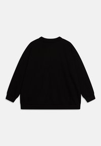 Sudadera negra con cuello redondo acanalado, mangas largas y puños elásticos. Textura suave, corte holgado, sin gráficos ni patrones.