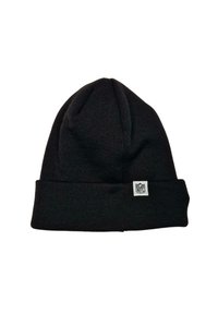 Black knit beanie with a folded cuff. Features a small white NFL logo tag on the front. Soft texture, close-knit design.