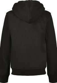 Sweatshirt à capuche noir avec une texture lisse, des manches longues, et des poignets et un ourlet côtelés. Le dos est uni sans détails supplémentaires.
