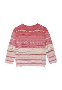 Pull en tricot avec des rayures horizontales dans des nuances de rose, crème et rouille, ornés de motifs ajourés et d'un ourlet en forme de vagues. Encolure ras du cou, manches longues.