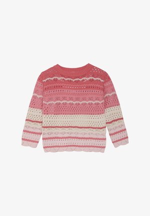 Strickpullover mit horizontalen Streifen in verschiedenen Rosa-, Creme- und Rosttönen, mit offenen Mustern und gewelltem Saum. Rundhalsausschnitt, lange Ärmel.