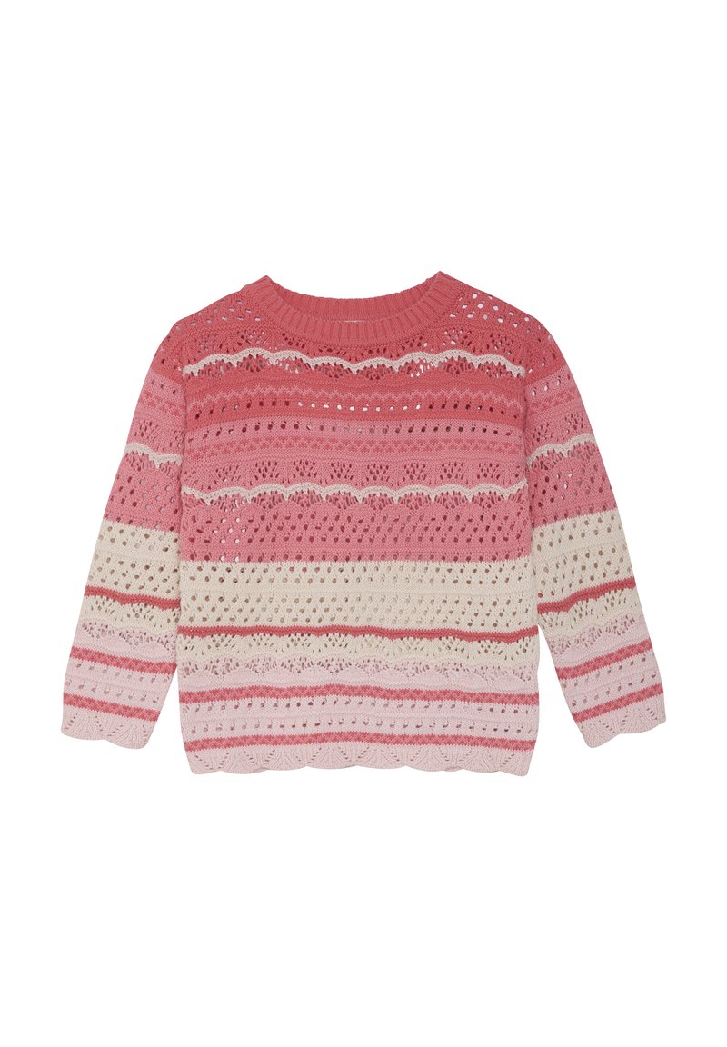 Pull en tricot avec des rayures horizontales dans des nuances de rose, crème et rouille, ornés de motifs ajourés et d'un ourlet en forme de vagues. Encolure ras du cou, manches longues.