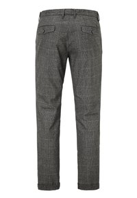 Pantalon à carreaux gris avec un tissu texturé, présentant une jambe droite, des passants de ceinture et deux poches arrière avec fermeture par bouton.