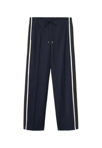 Marineblauwe joggingbroek met een trekkoord in de taille, voorzien van witte zijstrepen en zwarte accenten. Zachte stof met een losse pasvorm.