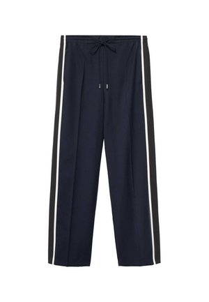 Pantalons de survêtement bleu marine avec une taille à cordon de serrage, présentant des rayures blanches sur les côtés et des accents noirs. Tissu doux avec une coupe ample.