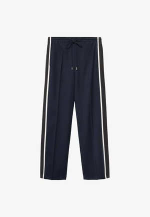 Marineblaue Jogginghosen mit Kordelzugbund, ausgestattet mit weißen Seitenstreifen und schwarzen Akzenten. Weiches Material mit lockerer Passform.