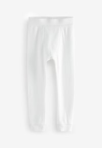 Weiße Baumwollleggings mit ribbeliger Textur, die ein figurbetontes Design, einen elastischen Bund und enge Bündchen an den Knöcheln aufweisen.