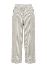 Pantalon ample longueur cheville avec fines rayures noires verticales sur tissu blanc cassé et ceinture élastique.