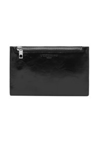 Borsa in pelle nera con zip e marchio impresso sul davanti.