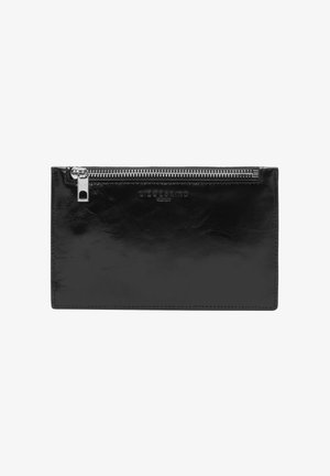 Black leather zippered pouch with silver zipper and embossed brand name on the front.