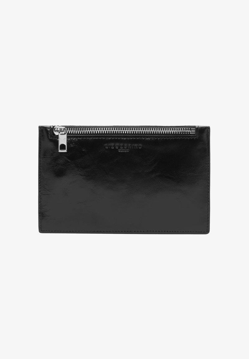 Borsa in pelle nera con zip e marchio impresso sul davanti.