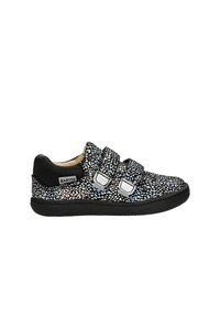 Chaussure pour enfants noire à motifs multicolores avec deux bandes Velcro, semelle en caoutchouc et tige en tissu doux pour le confort.
