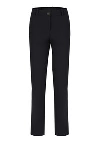 Pantaloni neri su misura realizzati in tessuto liscio con taglio dritto, dotati di chiusura con bottone, passanti per cintura e sottili accenti rossi in vita.