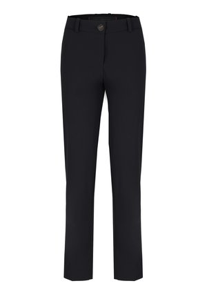Pantaloni neri su misura realizzati in tessuto liscio con taglio dritto, dotati di chiusura con bottone, passanti per cintura e sottili accenti rossi in vita.