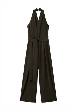 Črni brezrokavnik s trakovi okoli vratu, široke hlače in pas na pasu iz blaga.