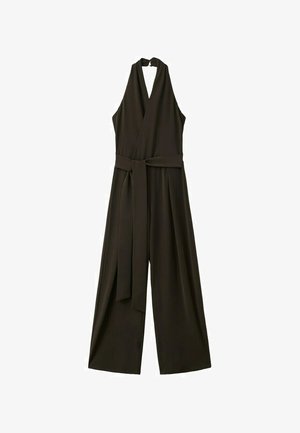 Combinaison noire sans manches à col licou avec pantalons larges et ceinture en tissu à la taille.