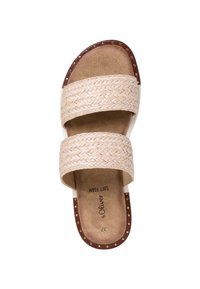 Beige woven slide sandal with two wide straps, textured footbed, brown outsole, and small decorative studs along the edge.