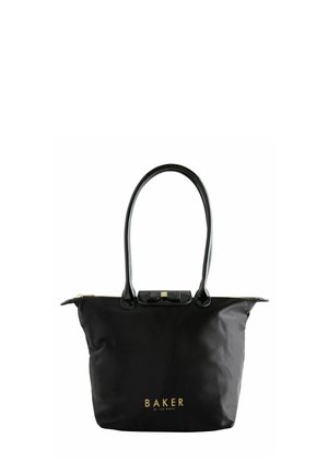 Borsa a tracolla nera con manici lucidi e parte superiore strutturata, con il nome del marchio "BAKER" in oro ben in evidenza.