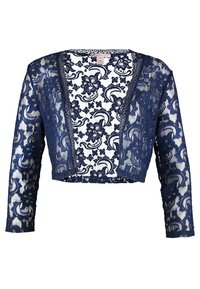 Mörkblå spetskort jacka med långa ärmar, blommönster, öppen front och genomskinlig textur, med en kontrasterande innertyg.