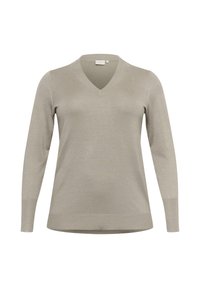 Jasnoszara sweter w serek wykonany z miękkiego, gładkiego materiału. Ma długie rękawy i luźny krój, z prążkowanymi mankietami i dołem.