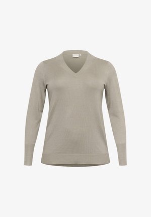 Lichtgrijs V-halstrui gemaakt van een zachte, gladde stof. Heeft lange mouwen en een ontspannen pasvorm, met ribgebreide boorden en zoom.