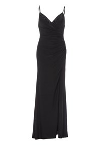 Schwarzes Abendkleid mit tiefem V-Ausschnitt, dünnen Trägern und strukturierter Stoffqualität mit gerafften Details an der Seite, verziert mit einem beadelten Ausschnitt.