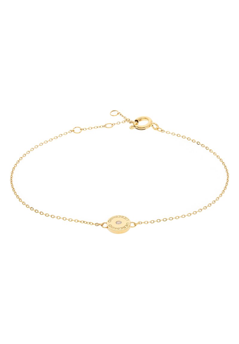 Bracciale in oro con una delicata catena e un charm a disco circolare inciso con testo. Chiusura a scatto con lunghezza regolabile.