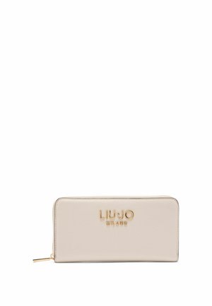 Beige leren portemonnee met een gladde textuur, gouden geperste logo "LIU JO MILANO" aan de voorkant en een ritssluiting aan de bovenkant.