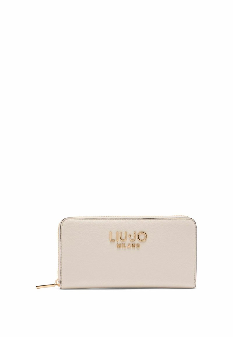 Beige leren portemonnee met een gladde textuur, gouden geperste logo "LIU JO MILANO" aan de voorkant en een ritssluiting aan de bovenkant.