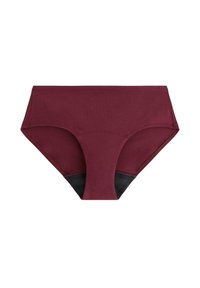 Burgunderfarbene Baumwollunterhose mit schwarzen Akzenten, im mittelhohen Design, vollständiger Abdeckung und glatter Textur. Keine sichtbaren Muster oder Verzierungen.