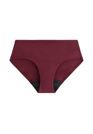Bordeaux katoenen slip met zwarte accenten, met een middelhoge taille, volledige bedekking en een gladde textuur. Geen zichtbare patronen of versieringen.