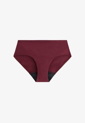 Bordeaux katoenen slip met zwarte accenten, met een middelhoge taille, volledige bedekking en een gladde textuur. Geen zichtbare patronen of versieringen.