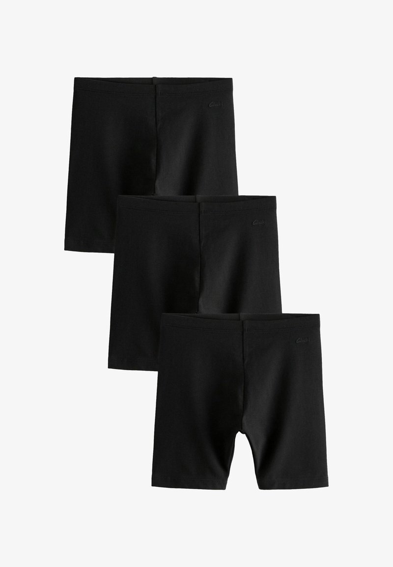 Kolm musta puuvillase lühikesed püksid elastse vöökoha ja lihtsa disainiga. Iga püks lühi on ühetooniline ja sellel ei ole nähtavaid mustreid ega tarvikuid.