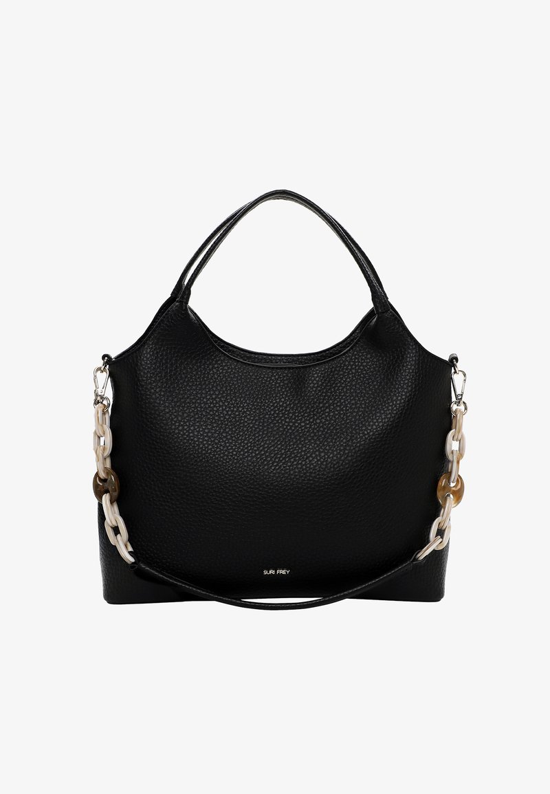 Zwarte leren handtas met een gestructureerde afwerking, voorzien van een kettingriem en twee handgrepen. Heeft een subtiel logo aan de voorkant.
