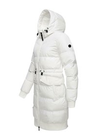 Lange witte pufferjas met capuchon, voorkant rits, verstelbare trekkoorden, twee zijzakken en ribboordmanchetten. Glad textuur en gewatteerd ontwerp.